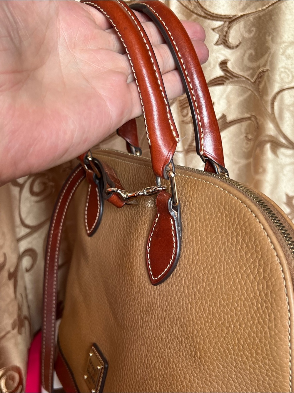 Dooney & Bourke Tan Pebble Leather Satchel crossbody with Brown Trim long strap - Picture 15 of 16